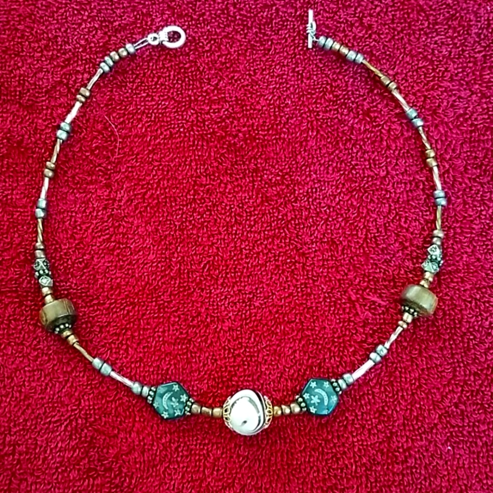 15 inch Handmade brown and white wood bead and gla